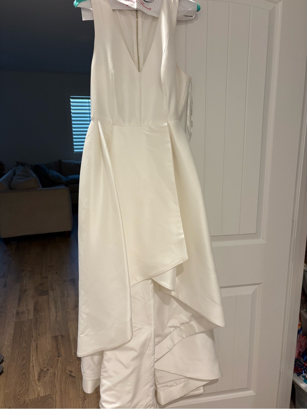 Calvin Klein Ivory V-Neck High-Low Satin Dress